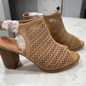 Tan Peep-Toe Block Heel Sandals